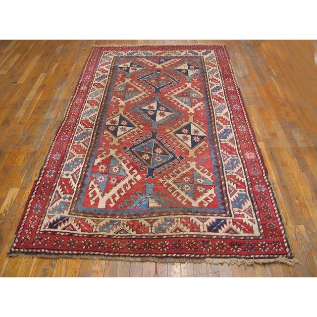 1880s Red Diamond Tribal Antique Caucasian Kazak Rug 4' 4'' X 8' 0'' Knotted Wool Carpet For Sale - Image 9 of 10