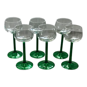 Vintage French Emerald Green Stemmed Wine Glasses-Set of 6