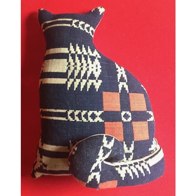 Blue 19th Century Americana Folk Art Hand Sewn Cat Pillow For Sale - Image 8 of 10