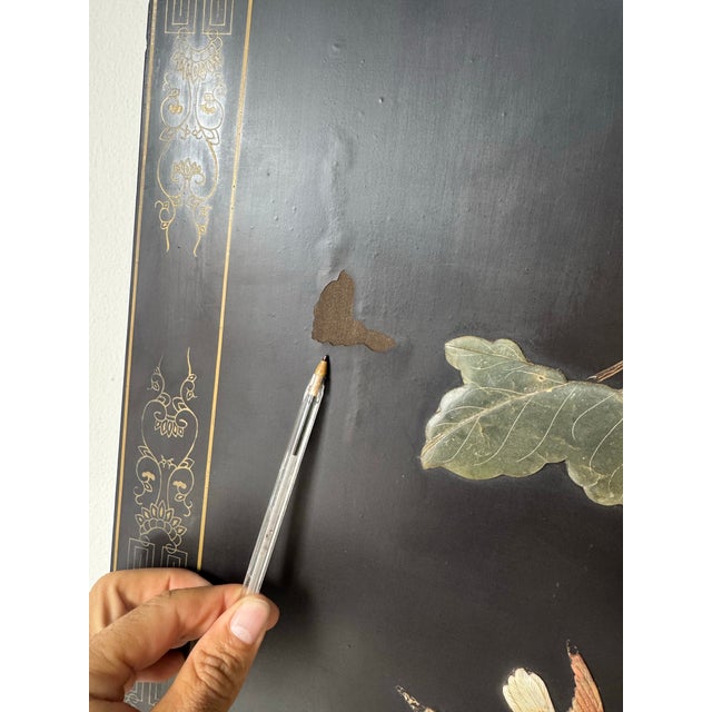 Vintage Asian Hand-Carved Soapstone Six-Panel Folding Screen With Birds, Flowers & Foliage For Sale - Image 9 of 12