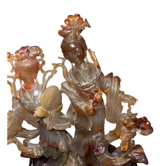 Mid 20th Century Chinese Carnelian Agate Sculpture of Two Immortal Maidens on Carved Stand For Sale - Image 4 of 6