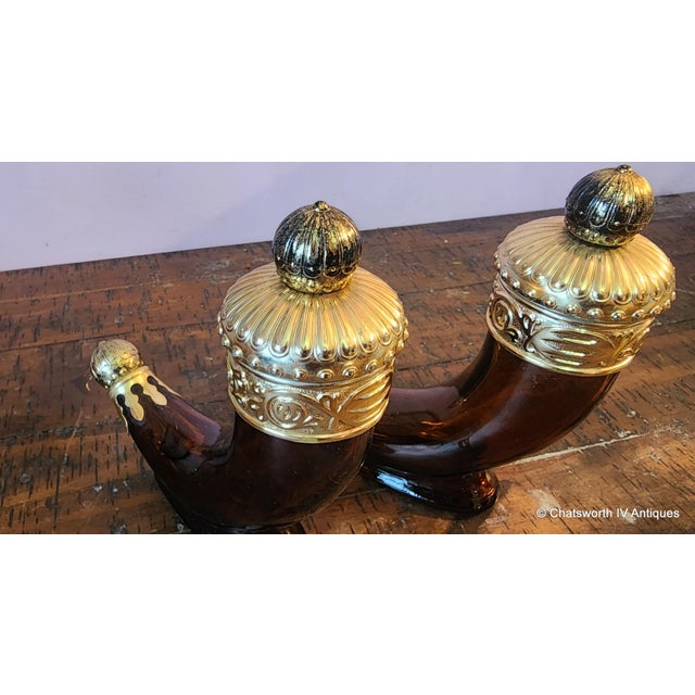 Glass Pair Vintage Avon Viking Horn Brown Glass After Shave Lotion Bottles, C1960s For Sale - Image 7 of 9