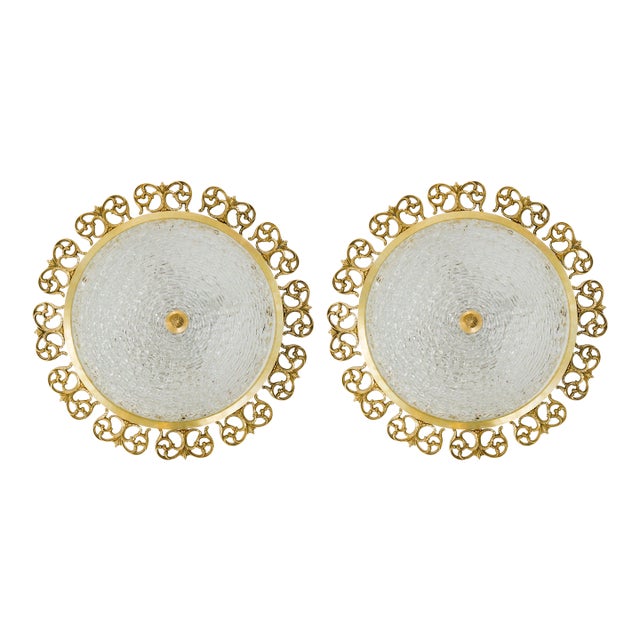 Mid 20th Century Brass and Textured Glass Flush Mount Fixtures For Sale