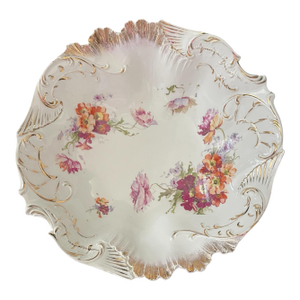 Antique German Porcelain China White/Floral Gold Scalloped Edge Serving Bowl