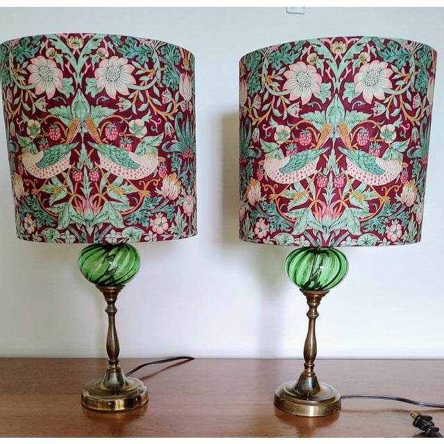 Pair of Vintage Green Globe Lamps With William Morris Shades For Sale - Image 10 of 10