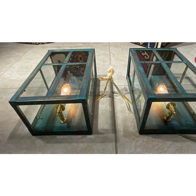 Exquisite Vintage Verdigris Brass Wall Lanterns / Sconces – Pair For Sale - Image 4 of 17