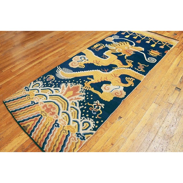 Chinese 1820s Blue Yellow Dragon Antique Chinese Ningxia Pillar Rug 3'2" X 8'2" Wool Handknotted Carpet For Sale - Image 3 of 8