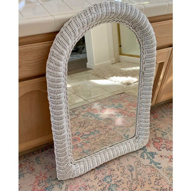 Classic cottage style white vintage wicker wall mirror. Large arched shape. Perfect for bedroom, sunroom or home office.