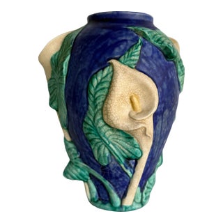 Vintage Art Nouveau Relief Vase With Calla Lily and Foliage For Sale