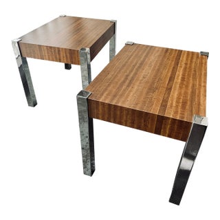 Motivated Seller: Pair of 1970s Mid-Century Modern Wood Laminate & Chrome Side Tables For Sale