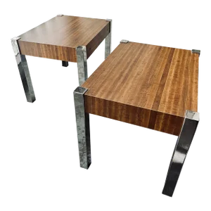 Pair of 1970s Mid-Century Modern Wood Laminate & Chrome Side Tables