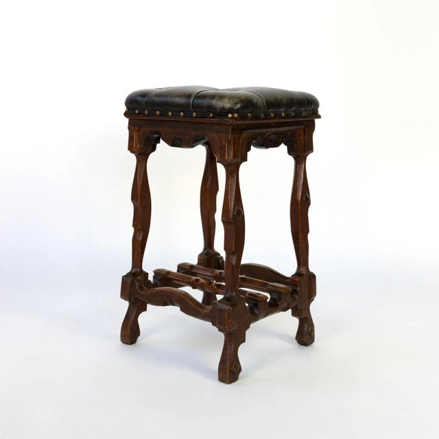 Late 19th Century English Arts & Crafts Tufted Dark Leather Square Stool For Sale - Image 4 of 11