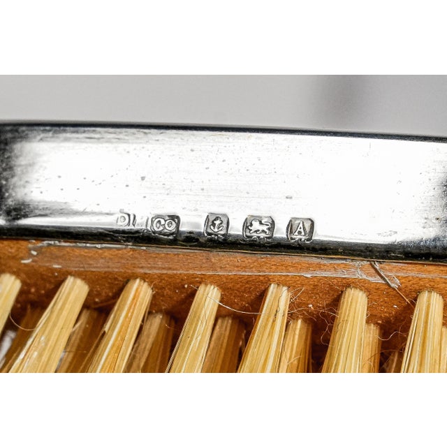 Wonderful Antique English Hallmarked Sterling Silver Vanity Brush Set Presentation Box Purple Celluloid Guilloché Style Edwardian Home Decor For Sale - Image 11 of 18