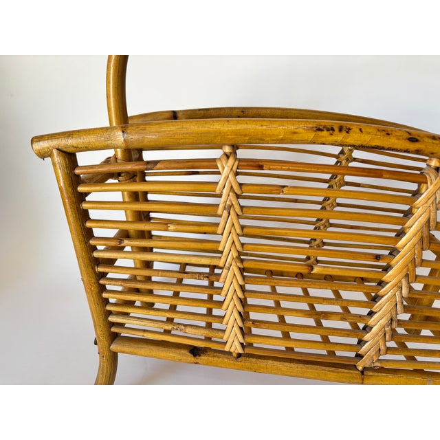 Franco Albini Vintage Bent Bamboo & Rattan Magazine Rack With Hand-Braided Wicker, Mid-Century For Sale - Image 4 of 13