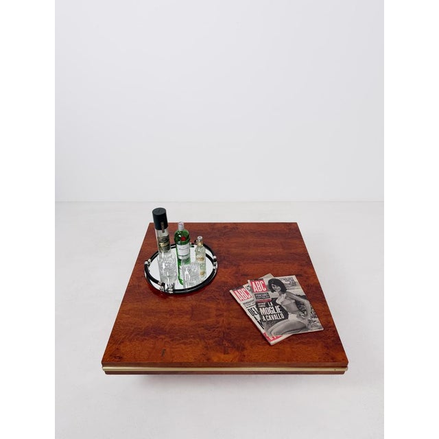 Mid-Century Modern Italian Square Coffe Table in Burl Wood and Brass, 1970s For Sale - Image 3 of 18