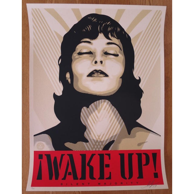 Shepard FaireyObey<br /> Wake Up cream, 2017<br /><br /> Silkscreen on cream Speckletone paper.<br /> Signed by Shepard...