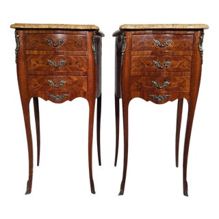 19th Century French Bedside Tables in Fruitwood with Siena Marble Tops, 1880s For Sale