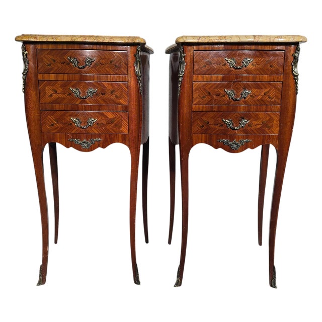 19th Century French Bedside Tables in Fruitwood with Siena Marble Tops, 1880s For Sale