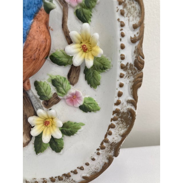 Ceramic Vintage Raised Relief Porcelain Bird Wall Plaque With Floral Motif For Sale - Image 7 of 11