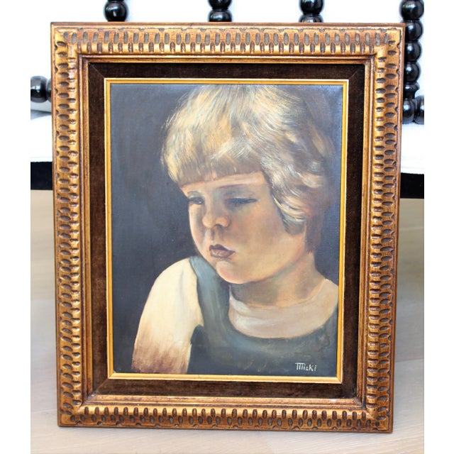 Mid-20th Century Framed Antique Oil on Canvas Portrait of a Young Girl For Sale In Los Angeles - Image 6 of 6