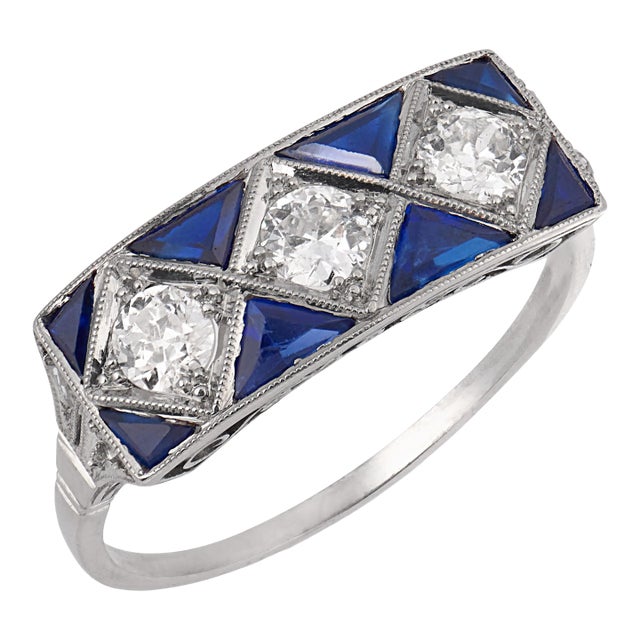 Art Deco Inspired Old Cut Diamond Sapphire Platinum Dinner Ring, Size 7.75 For Sale