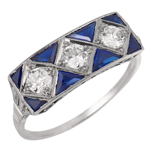 Art Deco Inspired Old Cut Diamond Sapphire Platinum Dinner Ring, Size 7.75