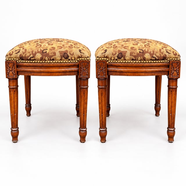 Wood French Style Carved Fruitwood Ottomans Stools in Needlepoint Leopard - Pair For Sale - Image 7 of 7