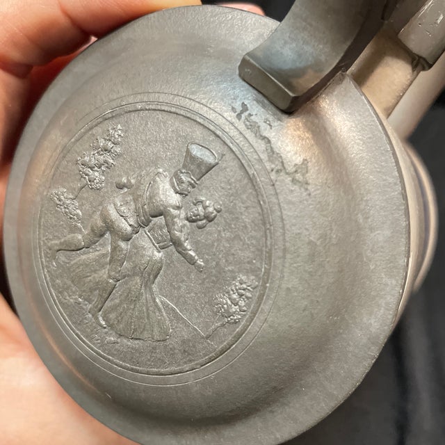 An Antique German Beer Stein With Ornamented Pewter Lid. For Sale - Image 12 of 12