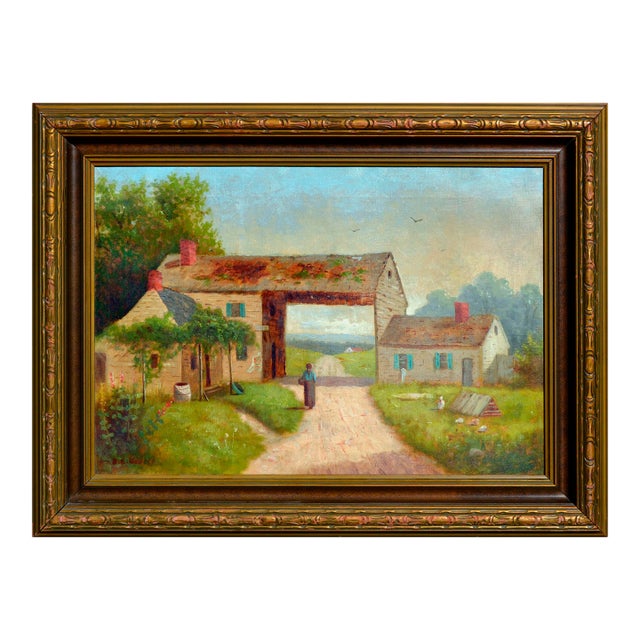 Farmstead Lane - 1930's Figurative Landscape by S E George For Sale