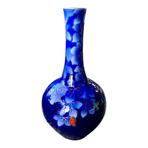 Vintage Fukagawa Arita Cobalt Blue Porcelain Vase With Gilt Leaves