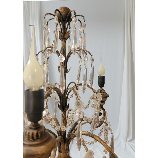 Vintage French Country Gilt Candelabra Urn 5 Light Table Lamp With Crystal Prisms For Sale In West Palm - Image 6 of 12