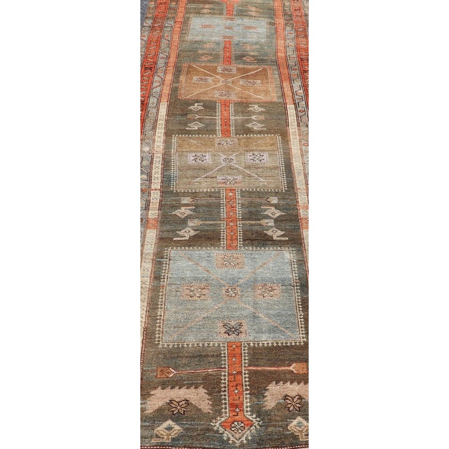 Dark Green Antique Lori Gallery Runner With Geometric Tribal Medallion Design in Soft Tones For Sale - Image 8 of 12