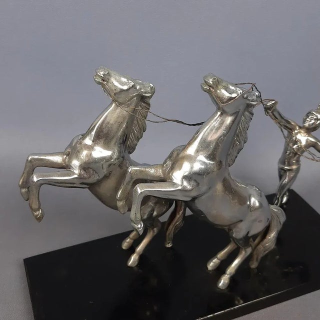 Black Antique Chromed Metal Sculpture of Roman Horse Trainer on Marble Base, 1930 For Sale - Image 8 of 16