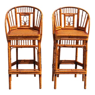 Mid-Century Detailed Bamboo Bar Stools - A Pair For Sale