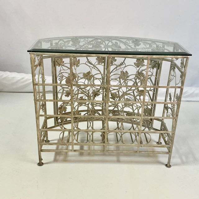 Vintage Maitland-Smith Hollywood Regency Silver Leaf Wine Rack Console Table - 30 Wells, Demi-Lune Design, Attributed For Sale - Image 13 of 16