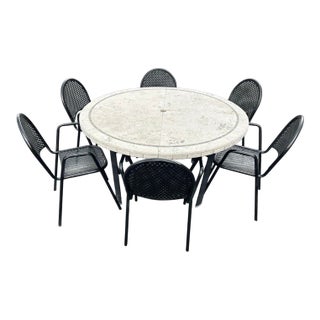 1980s Attributed to Brown Jordan Stone Top Table and 6 Metal Chairs With Stand For Sale