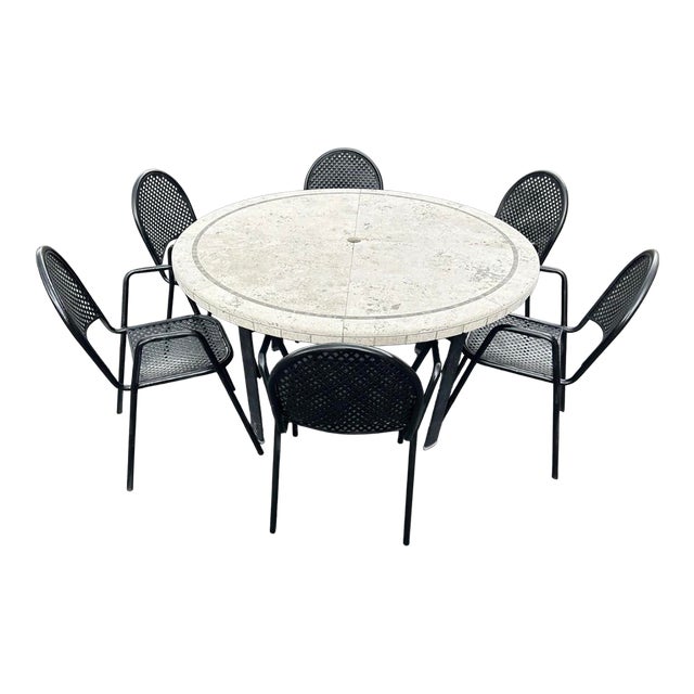 1980s Attributed to Brown Jordan Stone Top Table and 6 Metal Chairs With Stand For Sale