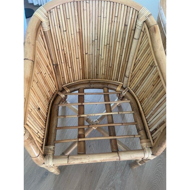 Tan Vintage McGuire San Francisco Rattan Barrel Back Dining Chairs With Leather Seats — Set of 4 For Sale - Image 8 of 12