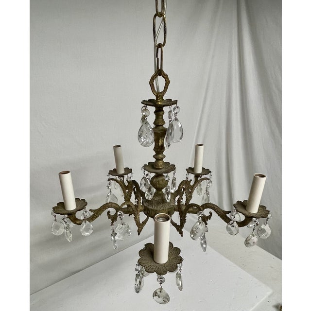 Brass French Style Brass and Crystal Chandelier For Sale - Image 8 of 9