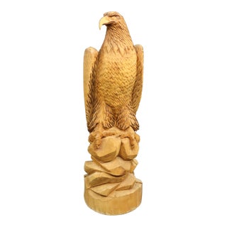 Large Hand-Carved Pine Bald Eagle Sculpture on Saw-Cut Base For Sale