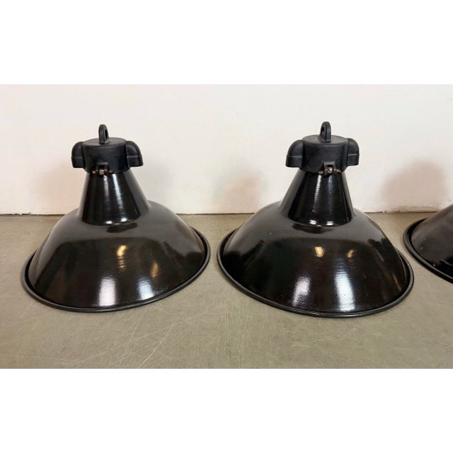 Industrial Black Enamel Pendant Lamps with Cast Iron Top, 1950s, Set of 4 For Sale - Image 4 of 18