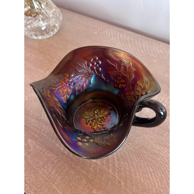 Antique Dugan Amethyst Carnival Glass Holly Berry Gravy Boat Exquisite antique Dugan Carnival Glass gravy boat in the...