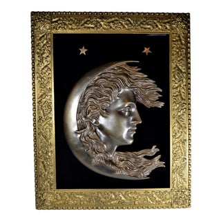 Antique 1900s Cast Bronze Woman’s Face in Crescent Moon Plaque90 For Sale