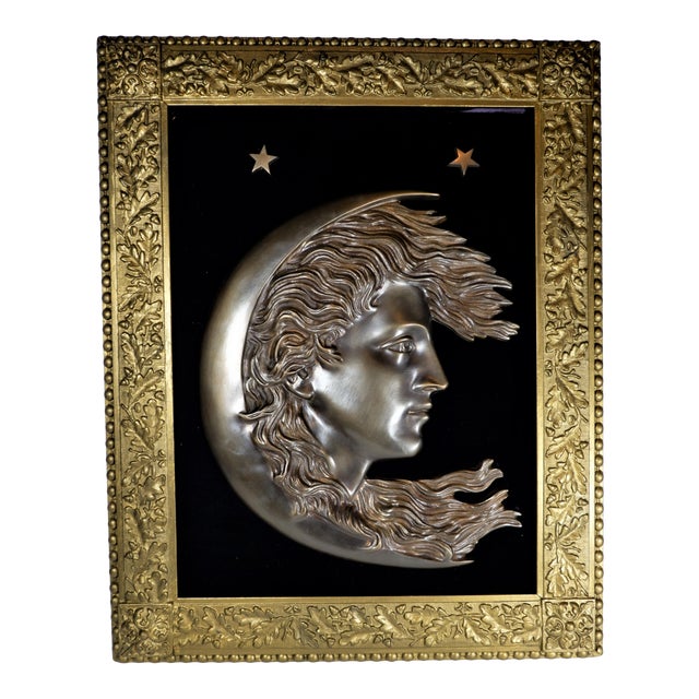 Antique 1900s Cast Bronze Woman’s Face in Crescent Moon Plaque90 For Sale