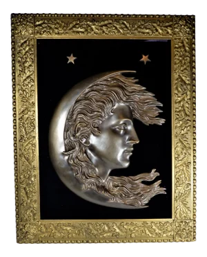 Antique 1900s Cast Bronze Woman’s Face in Crescent Moon Plaque90