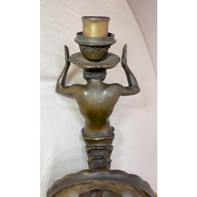 Metal Antique Figural Patinated Bronze Man Wall Sconce Fixture Millefiori Glass Shade For Sale - Image 7 of 17