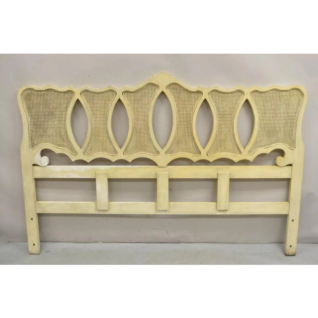 Mid 20th Century Vintage French Provincial Hollywood Regency Cream Painted Cane King Headboard For Sale - Image 10 of 11