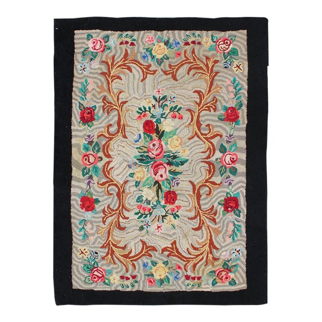 Charcoal, Red, and Green Antique American Hooked Rug With Large Flower Design 4'7"x6'6" For Sale