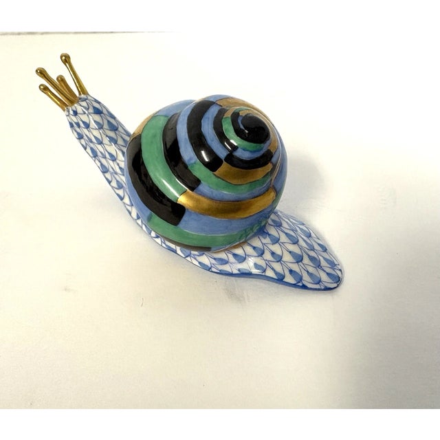 Ceramic Vintage Herend Hand Painted Blue Fishnet Snail Porcelain Figurine For Sale - Image 7 of 8