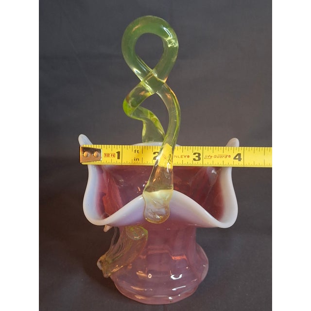 Stevens & Williams Antique Stevens & Williams Art Glass Basket - Pink Opalescent Cased Glass - Applied Flower & Stem - Uranium Vaseline Glass Handle - Circa 1880s For Sale - Image 4 of 18